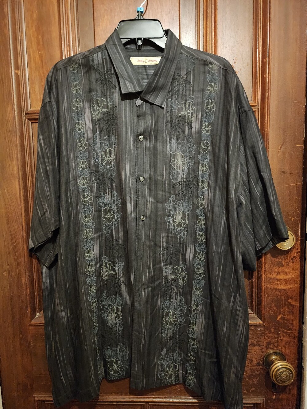 VINTAGE Tommy Bahama Embroidered Camp Shirt Black Gray-XXL/2X-RARE-Y2K